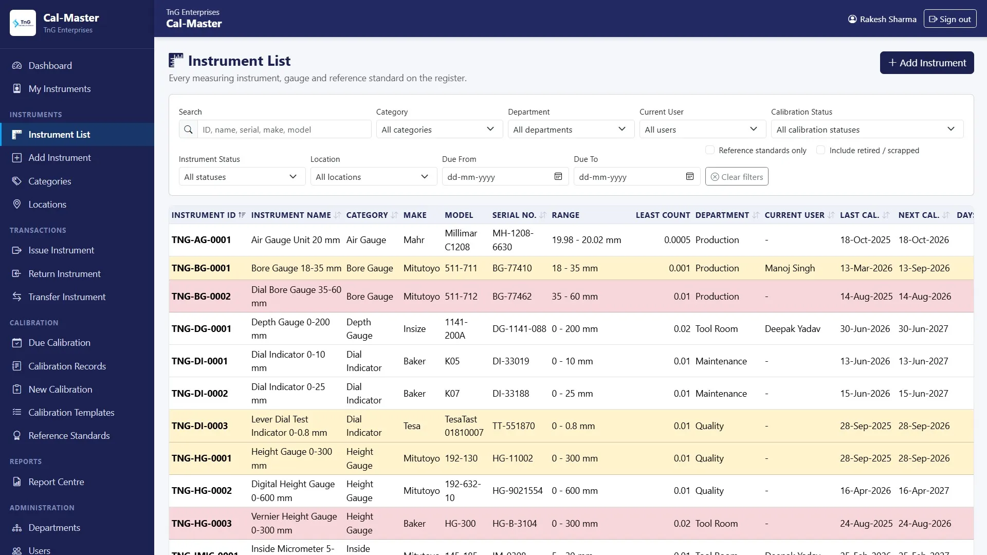Instrument list with search, filters and colour-coded calibration status rows.