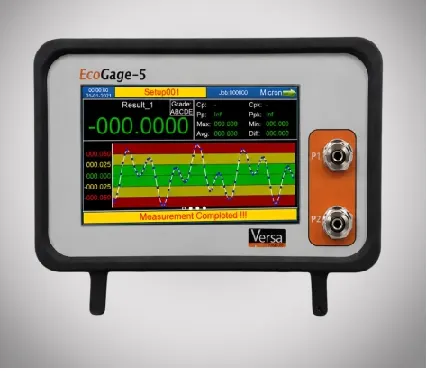 TFT display gauge showing a measurement trend chart with red, yellow and green tolerance zones.